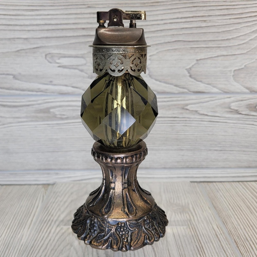 Table Lighter Faceted Amber Glass Orb Ornate Grape Base Japan Hollywood‎ MCM Vtg